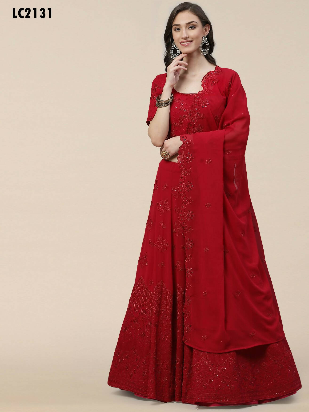 Dark Pink Georgette Thread with Sequins Embroidered work Lehenga Choli with Dupatta - Jivika