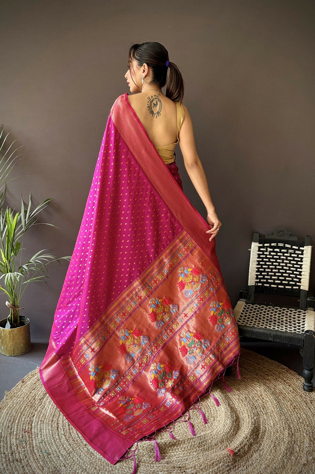 Joban Fashion Rani Pink Jacquard Butti Soft Lichi Silk Paithani Saree - Distacart