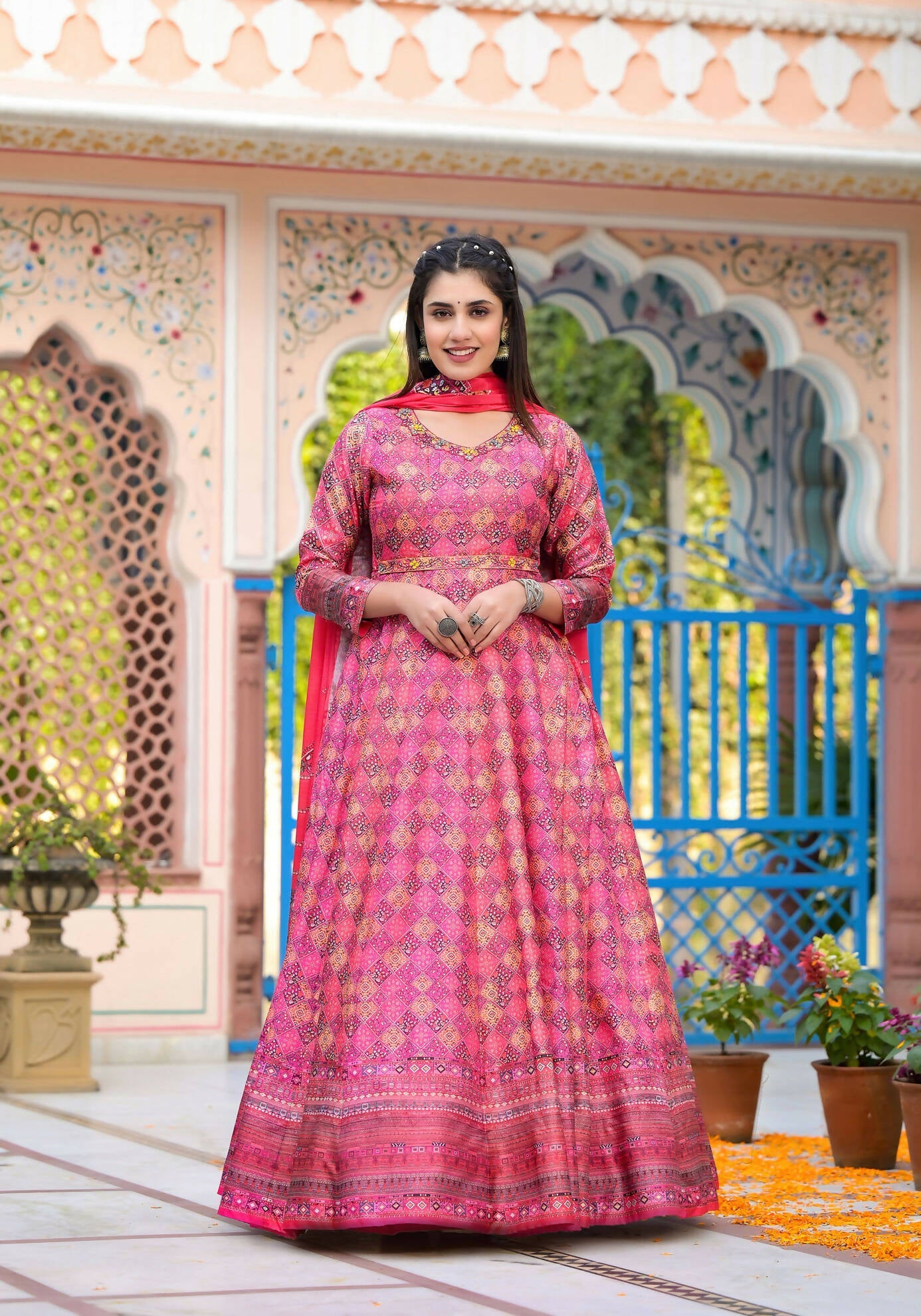 Functional Designer Dark Pink Dola Silk Anarkali suit with Dupatta - Ramya