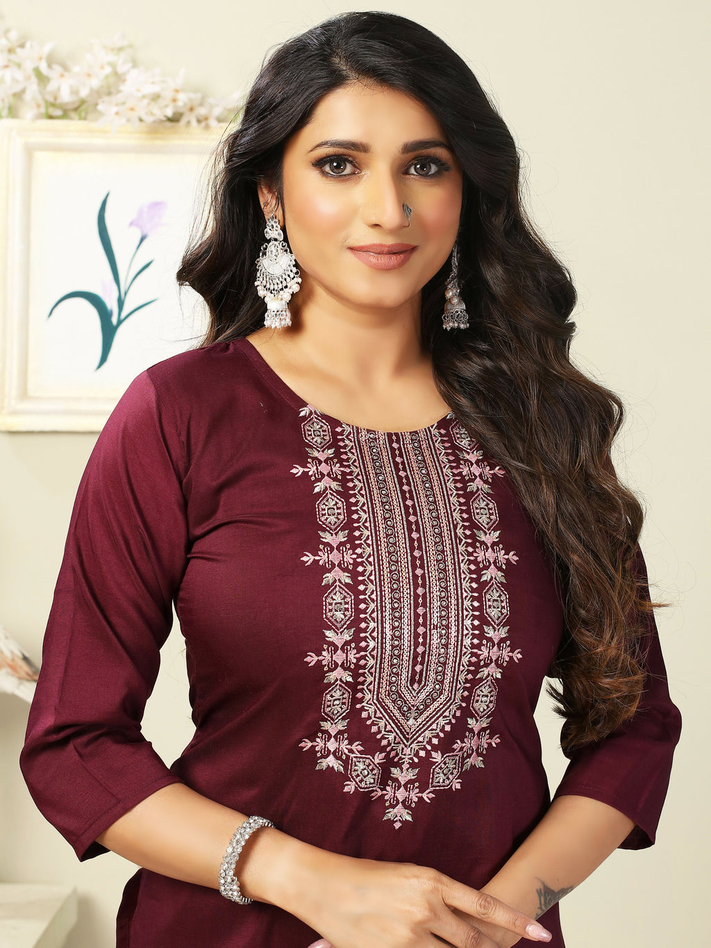 Vamika Chinon Embroidery Mahroon Party Wear/Casual Wear/Office Wear Kurta Set/Suit
