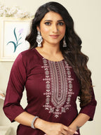 Vamika Chinon Embroidery Mahroon Party Wear/Casual Wear/Office Wear Kurta Set/Suit