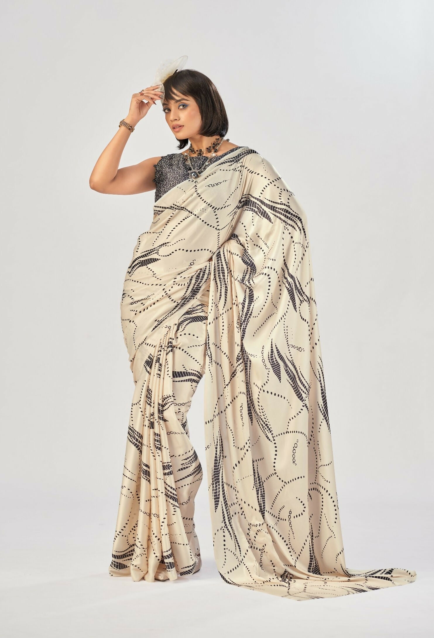 Vastranavya Off White Satin Silk Elegant Printed Saree with Unstitched Blouse - Distacart