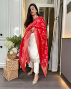 The52 White Women's Beautiful Chanderi Jacquard Fabric Embroidered Work Straight Kurta Pant and Dupatta Set - Distacart