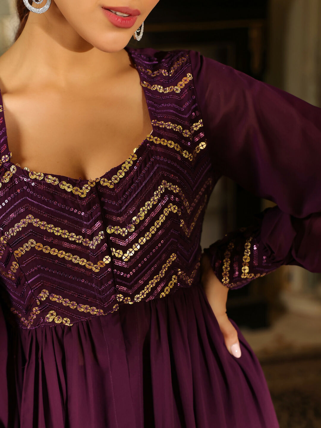 Janasya Purple Georgette Sequined Tunic & Bottom