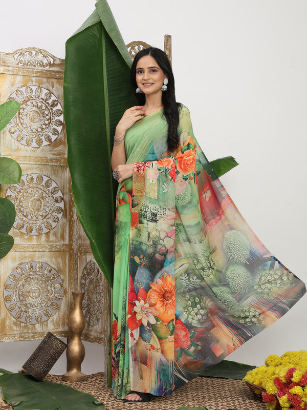 Shivam Fabrics Green Georgette Fabric Printed Saree - Distacart