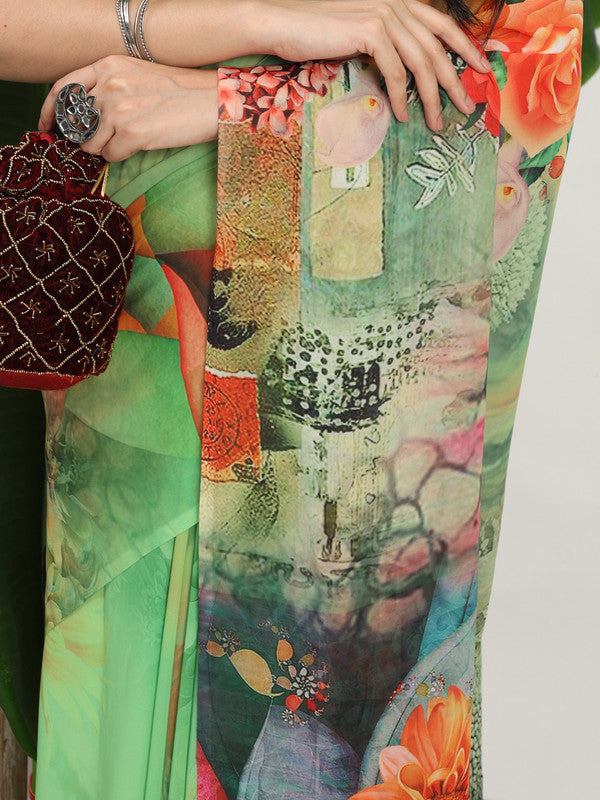 Shivam Fabrics Green Georgette Fabric Printed Saree - Distacart