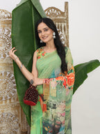 Shivam Fabrics Green Georgette Fabric Printed Saree - Distacart