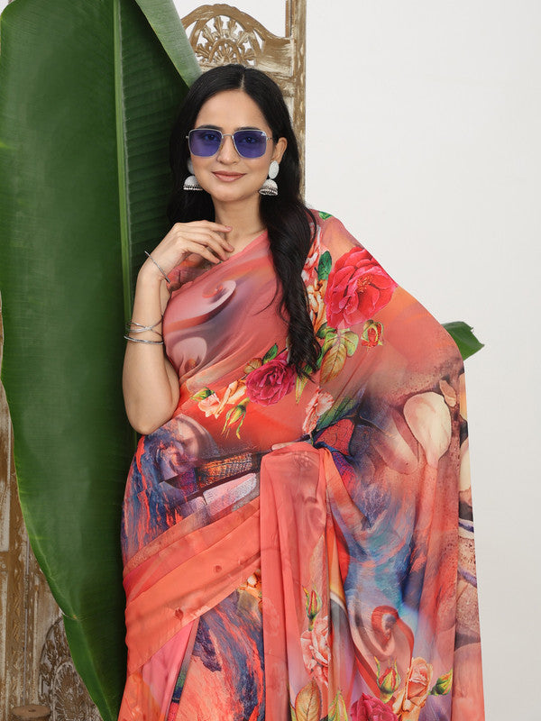 Shivam Fabrics Pink Georgette Fabric Printed Saree - Distacart