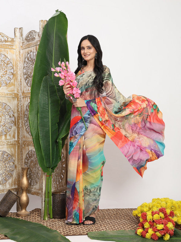 Shivam Fabrics Multi Color Georgette Fabric Printed Saree - Distacart