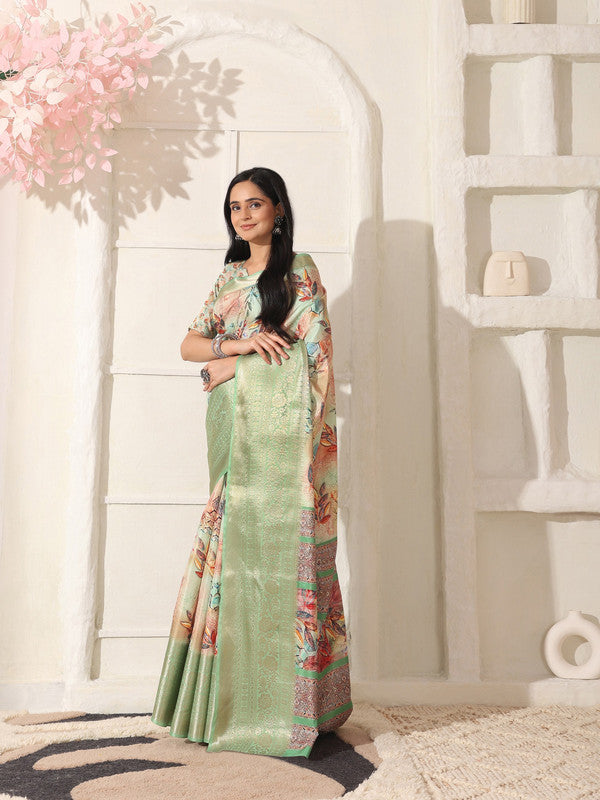 Shivam Fabrics Green Lichi Patta Fabric Printed Saree - Distacart