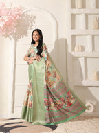 Shivam Fabrics Green Lichi Patta Fabric Printed Saree - Distacart