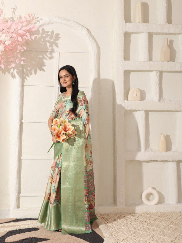 Shivam Fabrics Green Lichi Patta Fabric Printed Saree - Distacart