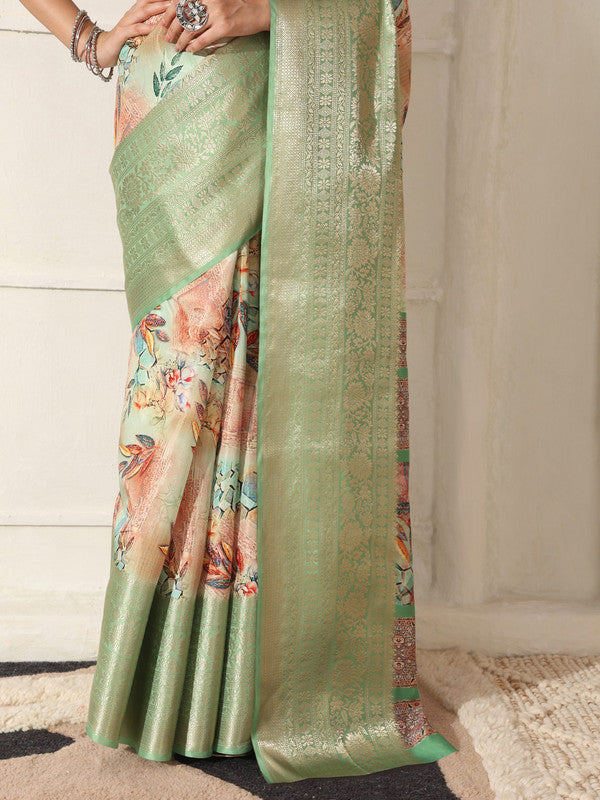 Shivam Fabrics Green Lichi Patta Fabric Printed Saree - Distacart