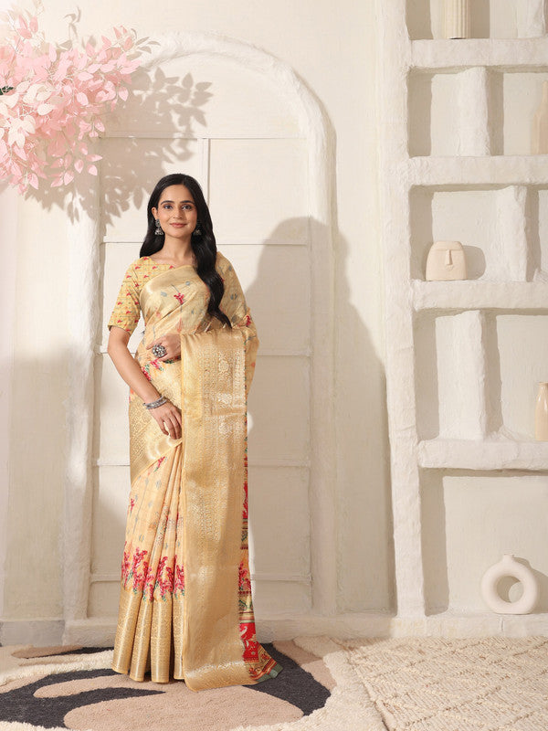 Shivam Fabrics Beige Lichi Patta Fabric Printed Saree - Distacart
