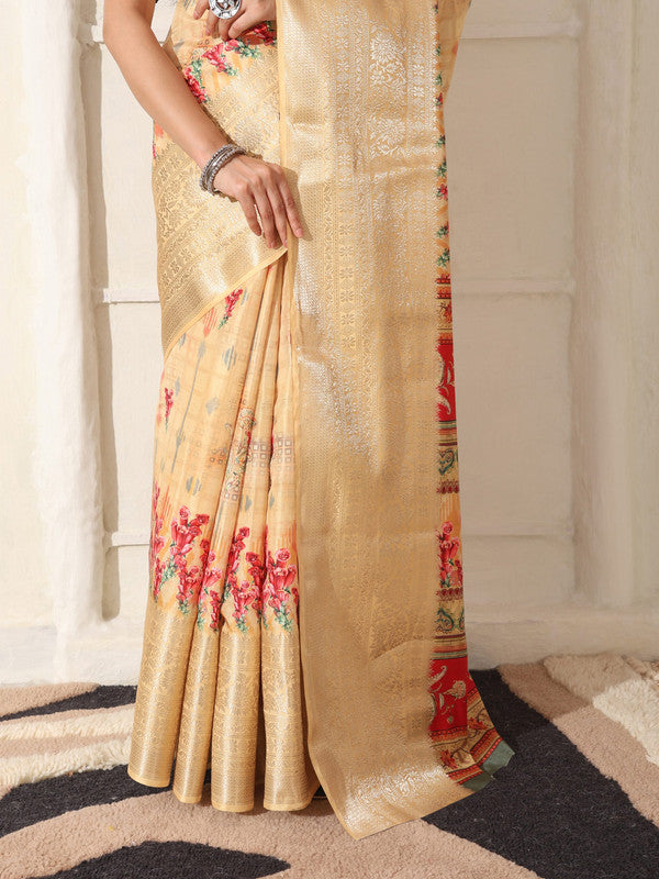 Shivam Fabrics Beige Lichi Patta Fabric Printed Saree - Distacart