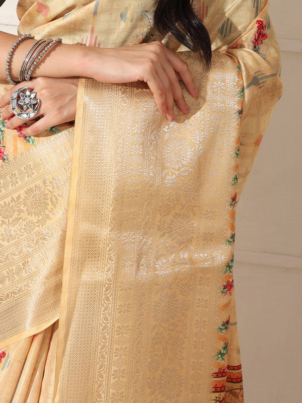 Shivam Fabrics Beige Lichi Patta Fabric Printed Saree - Distacart
