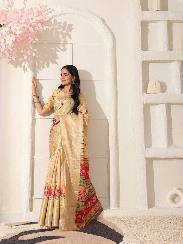 Shivam Fabrics Beige Lichi Patta Fabric Printed Saree - Distacart