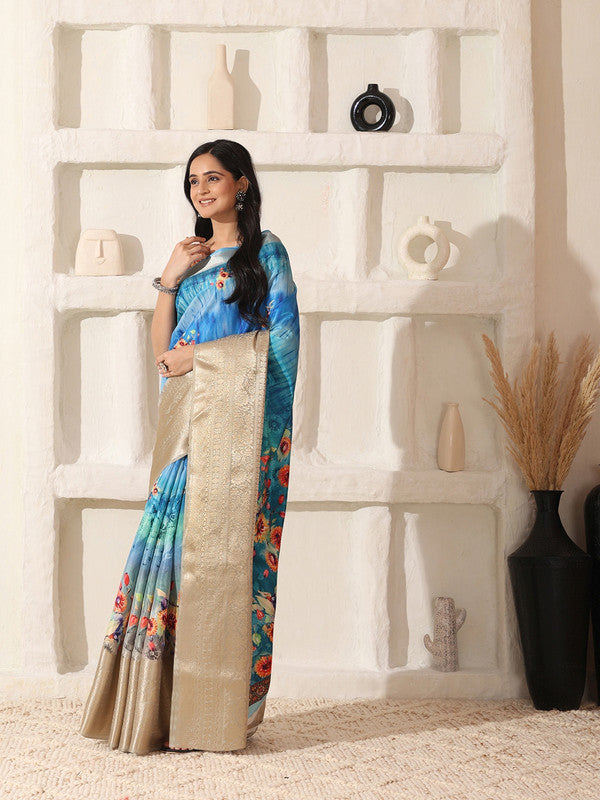 Shivam Fabrics Sky Blue Lichi Patta Fabric Printed Saree - Distacart
