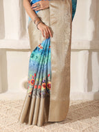 Shivam Fabrics Sky Blue Lichi Patta Fabric Printed Saree - Distacart