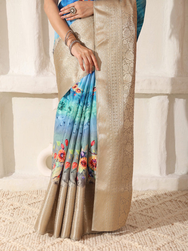 Shivam Fabrics Sky Blue Lichi Patta Fabric Printed Saree - Distacart