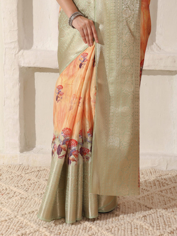 Shivam Fabrics Peach Lichi Patta Fabric Printed Saree - Distacart