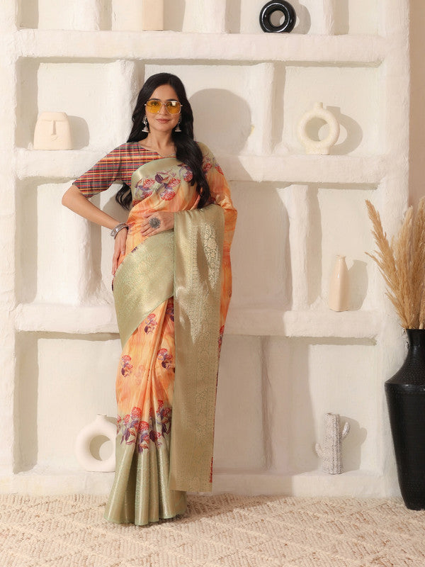 Shivam Fabrics Peach Lichi Patta Fabric Printed Saree - Distacart