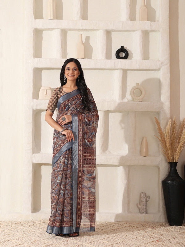 Shivam Fabrics Brown Linen Fabric Printed Saree - Distacart