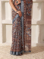 Shivam Fabrics Brown Linen Fabric Printed Saree - Distacart