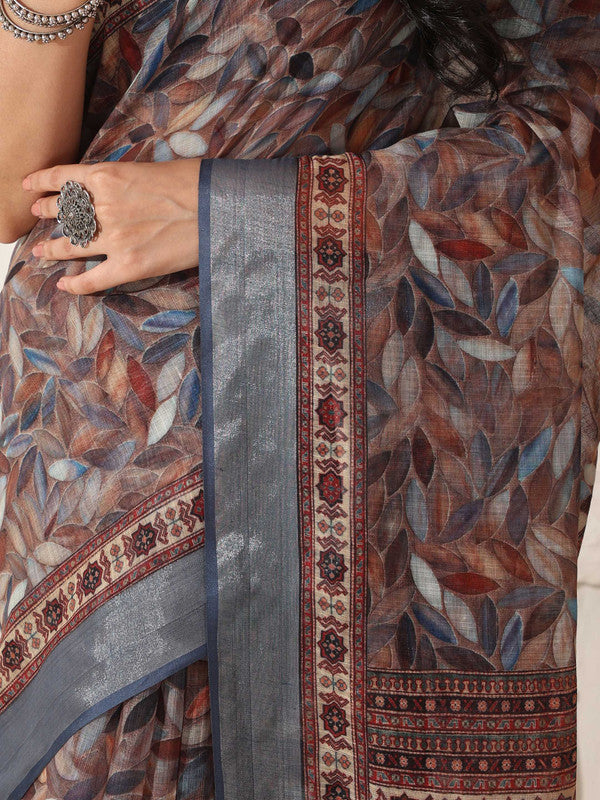 Shivam Fabrics Brown Linen Fabric Printed Saree - Distacart
