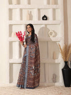 Shivam Fabrics Brown Linen Fabric Printed Saree - Distacart