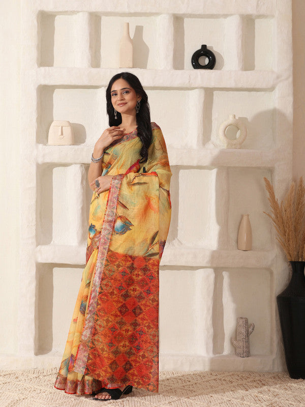 Shivam Fabrics Yellow Linen Fabric Printed Saree - Distacart
