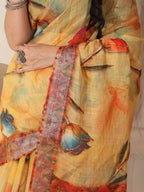 Shivam Fabrics Yellow Linen Fabric Printed Saree - Distacart