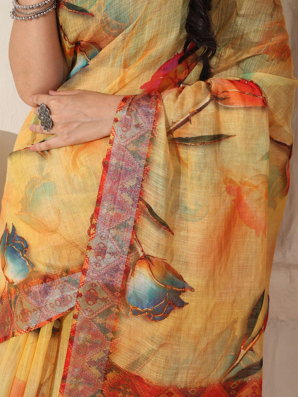 Shivam Fabrics Yellow Linen Fabric Printed Saree - Distacart