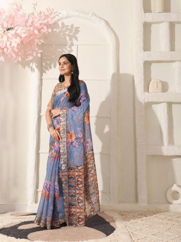 Shivam Fabrics Purple Linen Fabric Printed Saree - Distacart