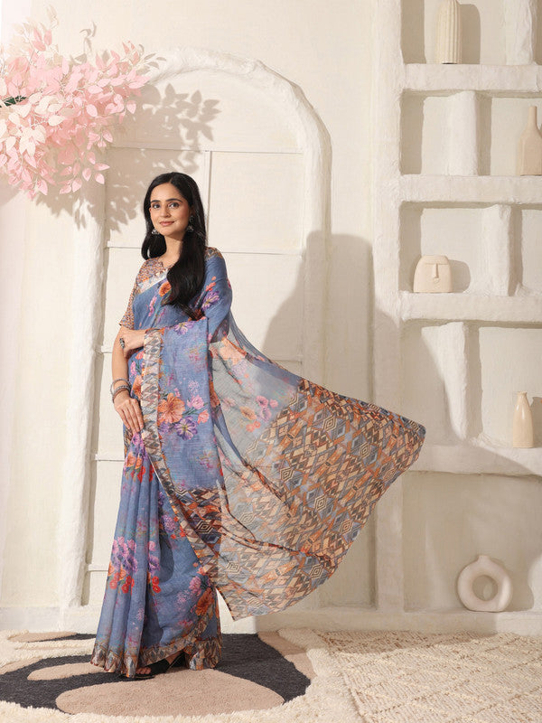 Shivam Fabrics Purple Linen Fabric Printed Saree - Distacart