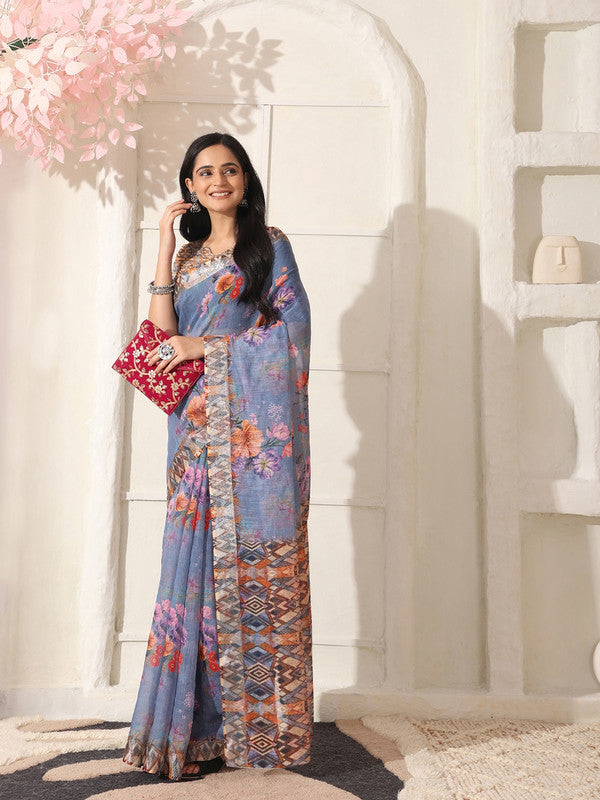 Shivam Fabrics Purple Linen Fabric Printed Saree - Distacart
