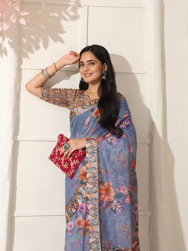 Shivam Fabrics Purple Linen Fabric Printed Saree - Distacart