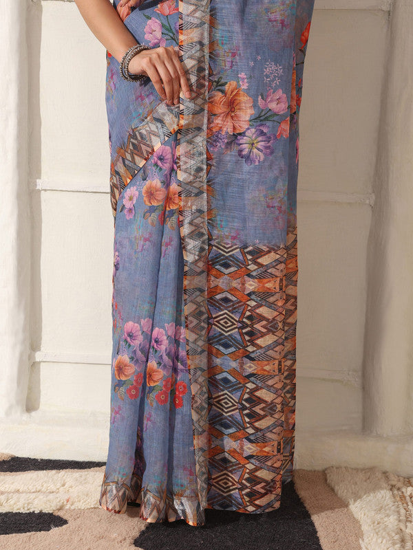 Shivam Fabrics Purple Linen Fabric Printed Saree - Distacart