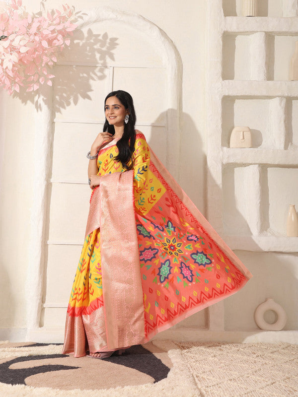 Shivam Fabrics Yellow Lichi Patta Fabric Printed Saree - Distacart