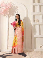 Shivam Fabrics Yellow Lichi Patta Fabric Printed Saree - Distacart