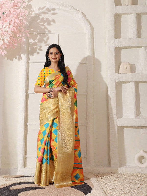 Shivam Fabrics Yellow Lichi Patta Fabric Printed Saree - Distacart