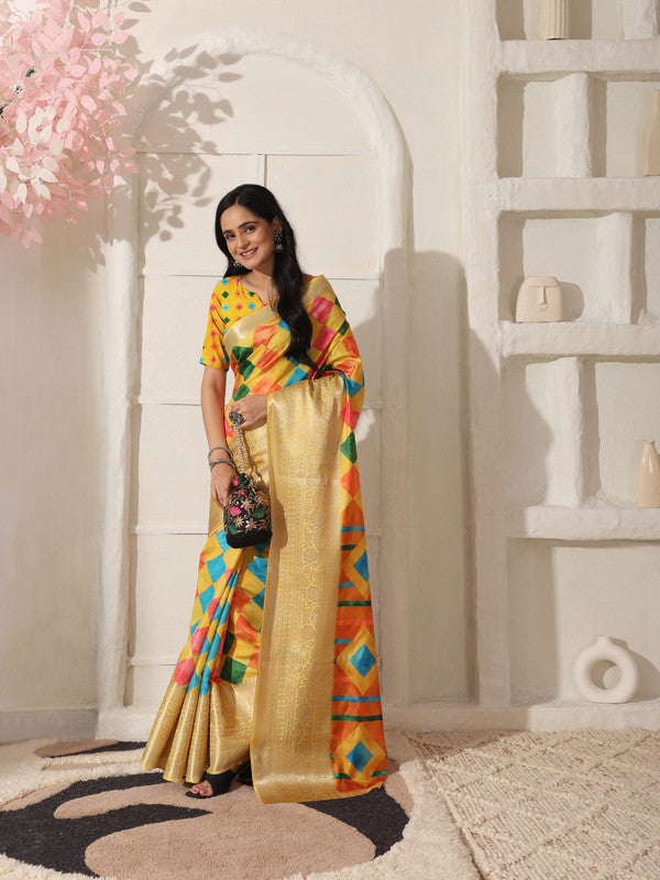 Shivam Fabrics Yellow Lichi Patta Fabric Printed Saree - Distacart