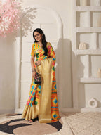 Shivam Fabrics Yellow Lichi Patta Fabric Printed Saree - Distacart