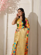 Shivam Fabrics Yellow Lichi Patta Fabric Printed Saree - Distacart