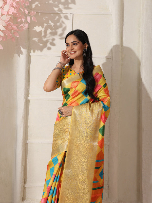 Shivam Fabrics Yellow Lichi Patta Fabric Printed Saree - Distacart