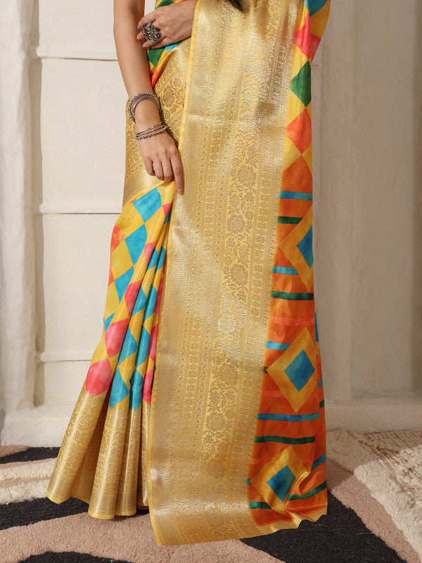 Shivam Fabrics Yellow Lichi Patta Fabric Printed Saree - Distacart