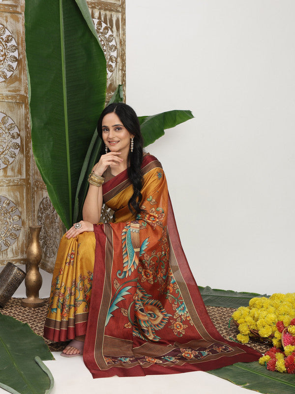 Shivam Fabrics Yellow Tussar Silk Fabric Printed Saree - Distacart