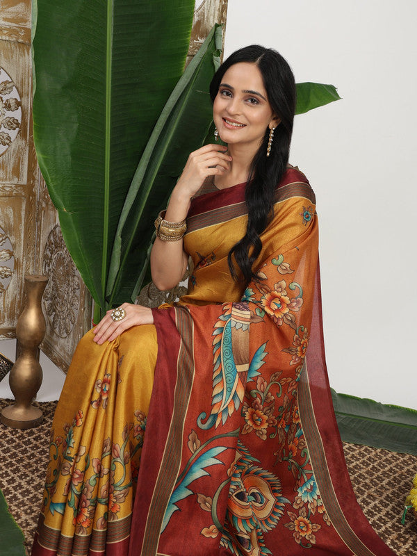 Shivam Fabrics Yellow Tussar Silk Fabric Printed Saree - Distacart