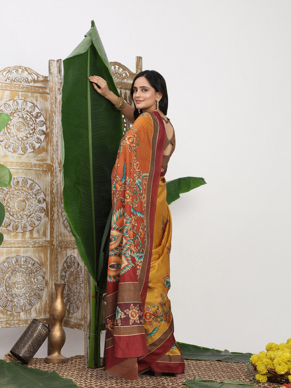 Shivam Fabrics Yellow Tussar Silk Fabric Printed Saree - Distacart