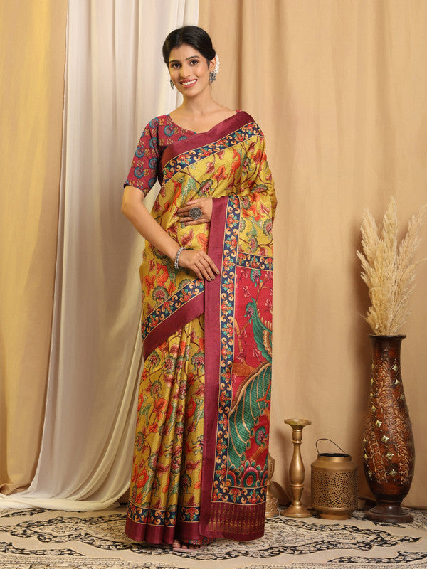 Shivam Fabrics Yellow Tussar Silk Fabric Printed Saree - Distacart